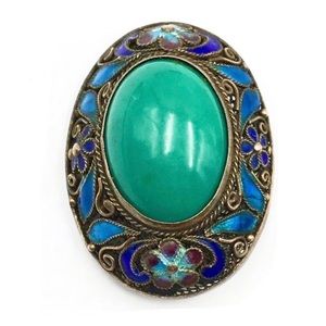 Antique Chinese Chrysoprase Chalcedony, Enamel,Gold Wash Sterling Brooch